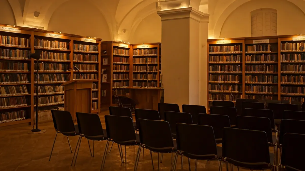 Imagen genérica de una sala de presentaciones o biblioteca con un micrófono y sillas vacías.