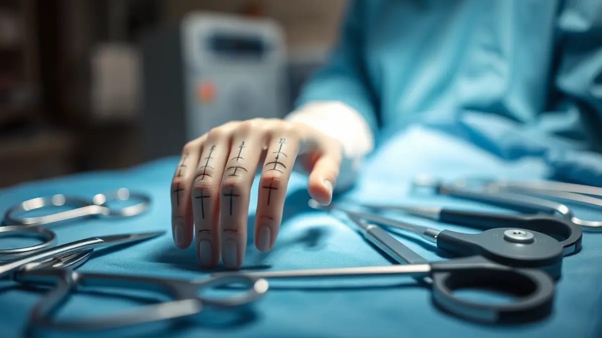 Imagen genérica de una mano con marcas quirúrgicas e instrumentos médicos.