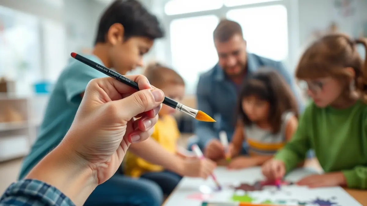 Imagen genérica de una mano sosteniendo un pincel sobre un lienzo, con alumnos y un profesor colaborando en un proyecto artístico.