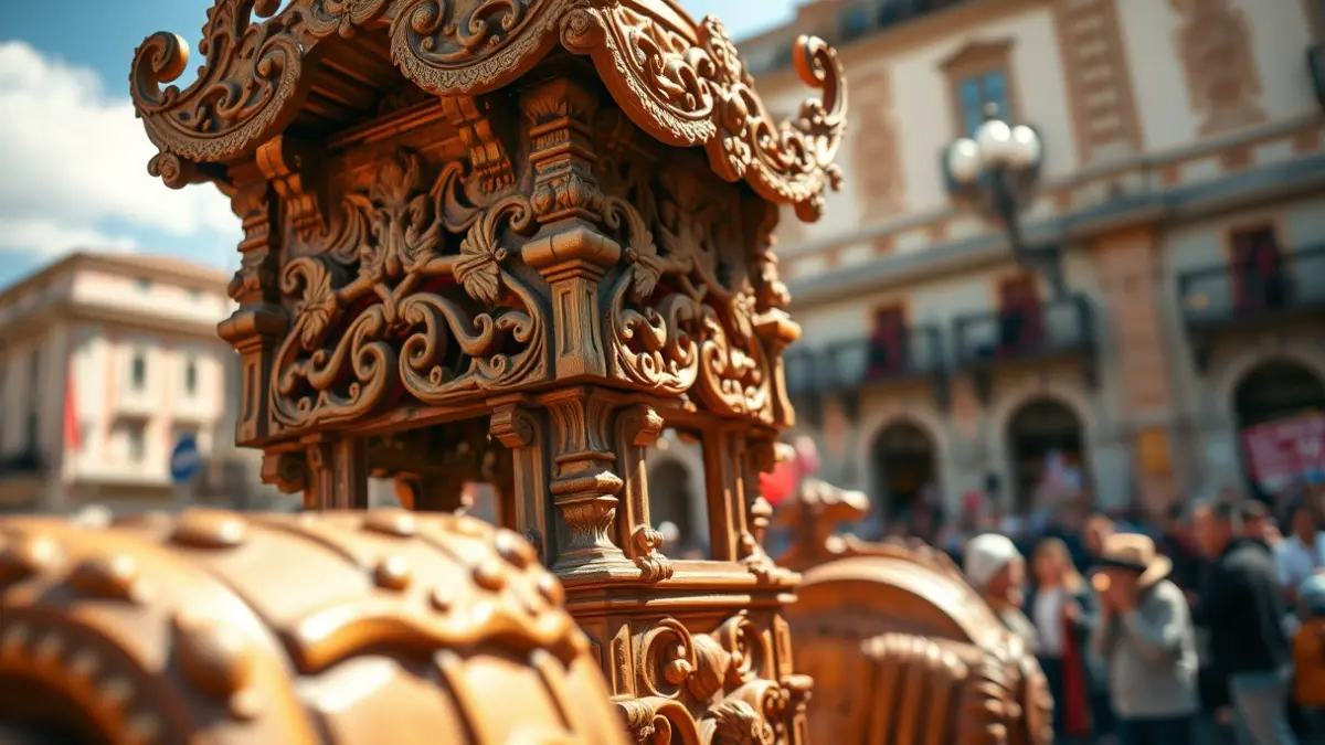 Imagen de una Roca tradicional del Corpus Christi de Valencia, con detalles tallados y decorados, y una multitud borrosa al fondo.