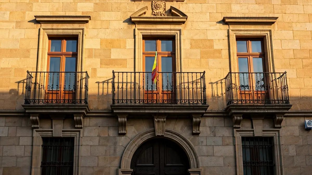 Fachada del Ayuntamiento de València con balcón y barandillas de hierro, bañada por la luz del sol de la tarde.