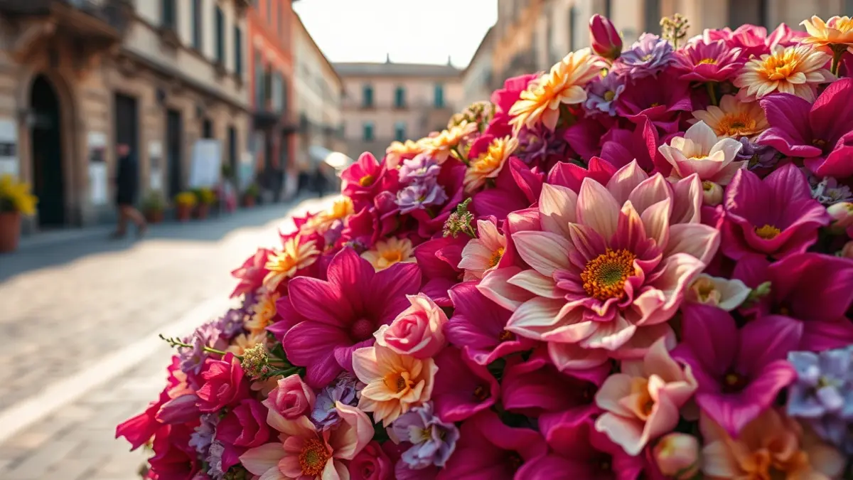 Imatge d'un tapís floral amb disseny barroc, elaborat amb flors naturals, en una plaça de la ciutat de València.