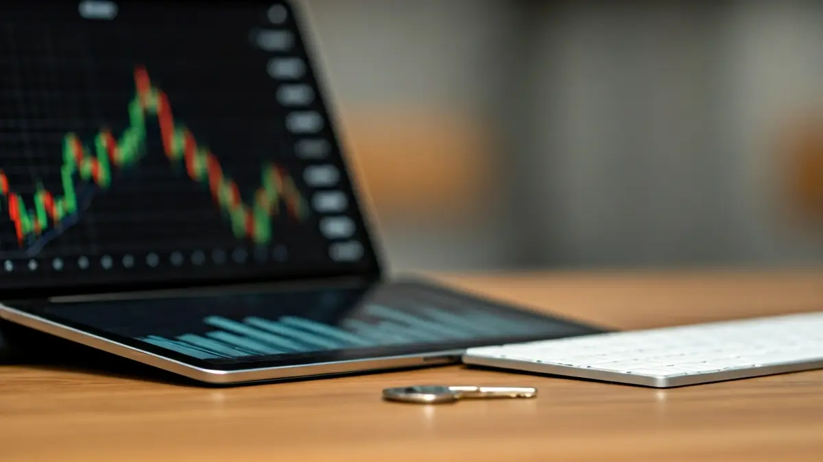 Generic image of a digital tablet showing a downward trend graph and a keyboard, symbolizing data analysis and regulation.