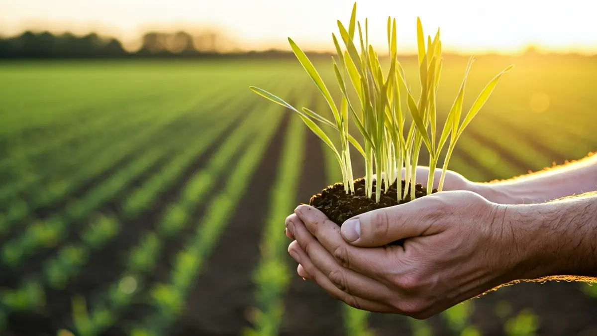 Imatge genèrica de mans d'un agricultor amb terra i brots verds, simbolitzant el creixement agrícola.