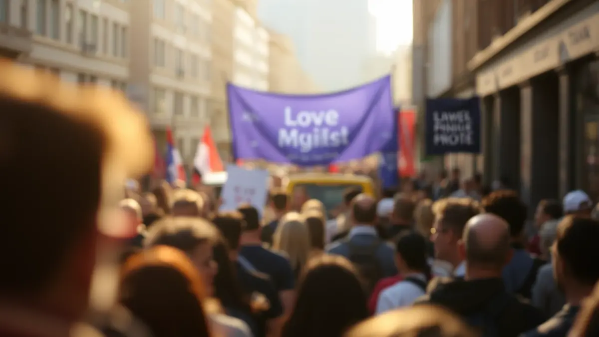 Generic image of a crowd at a demonstration in a city street, with blurred banners in the background.