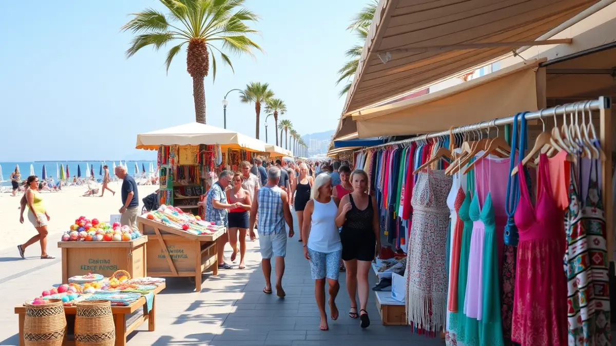 Imatge genèrica d'un mercat d'estiu en un passeig marítim, amb parades de productes artesanals i de platja.
