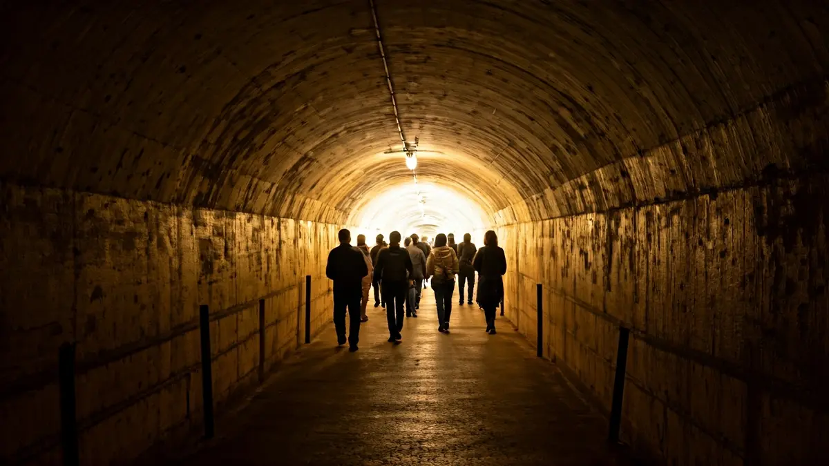 Image of a Civil War air-raid shelter, with a dark entrance and dim lighting.