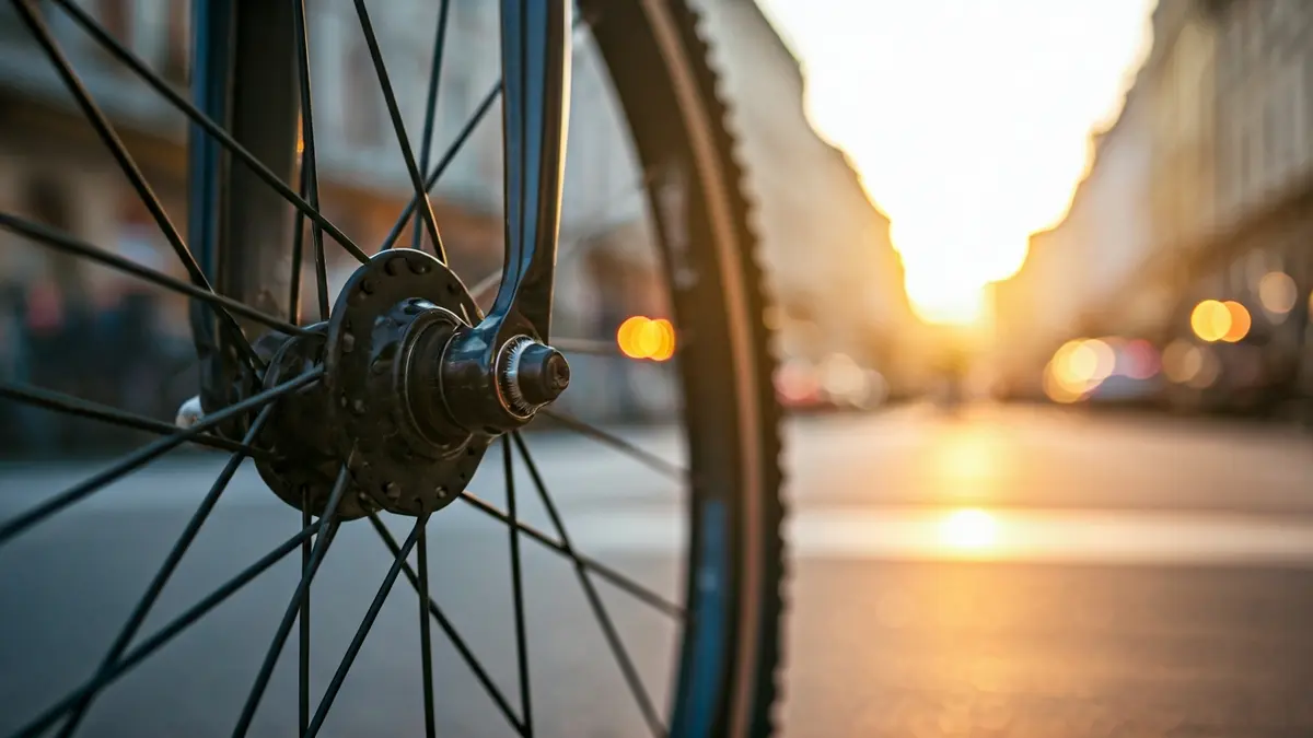 Imagen genérica de una rueda de bicicleta en una calle de ciudad, con luz de mañana.