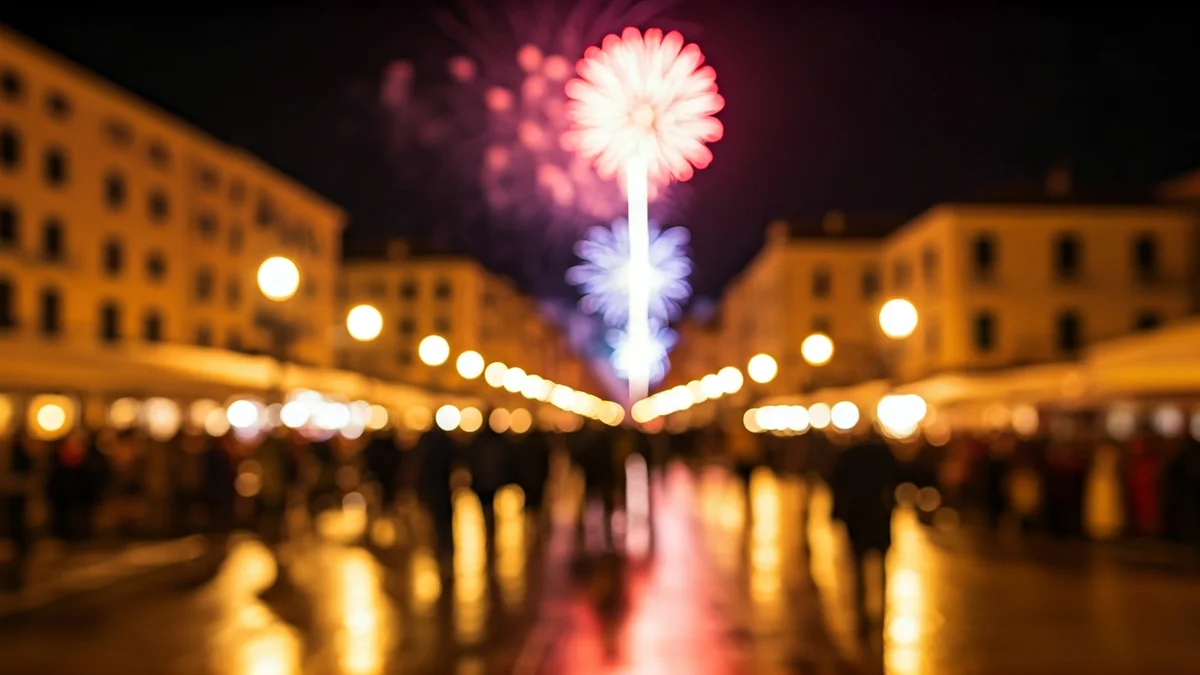 Fireworks illuminating the night sky over a Mediterranean coastal city.