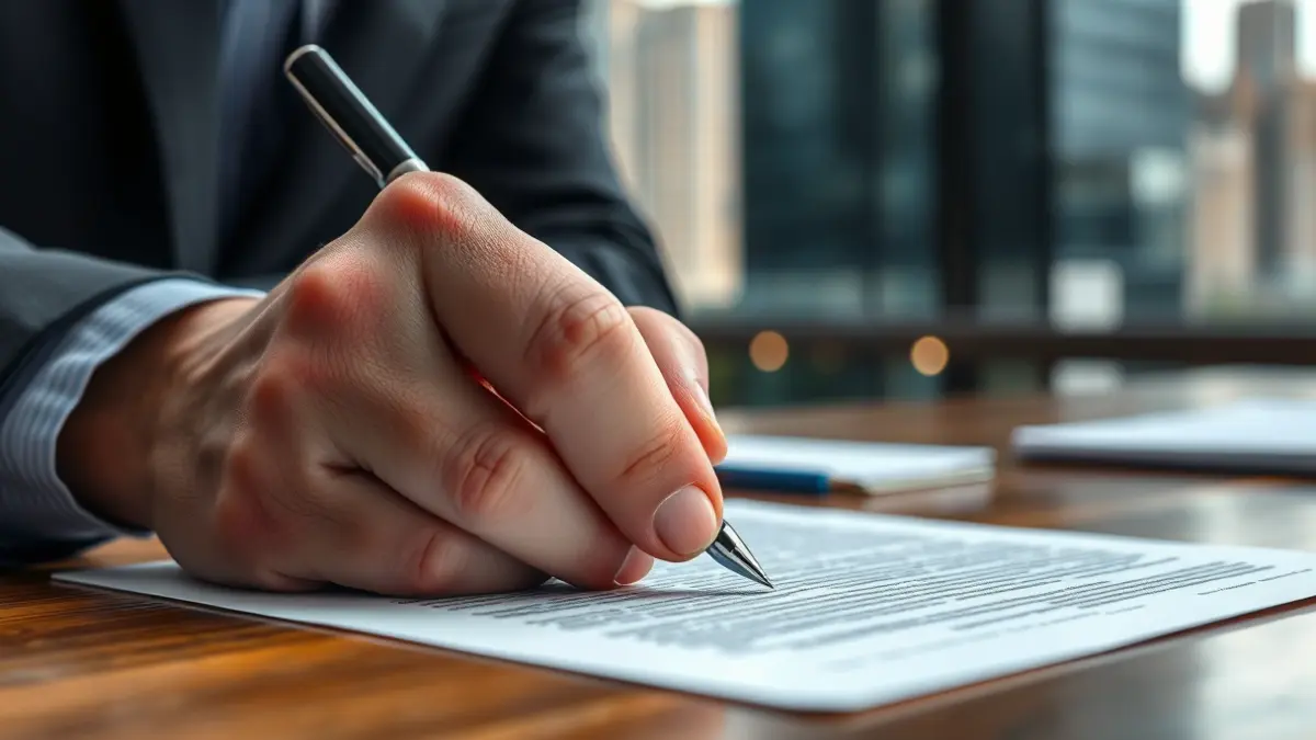 Imatge genèrica d'una mà signant un document, amb edificis urbans desenfocats al fons.