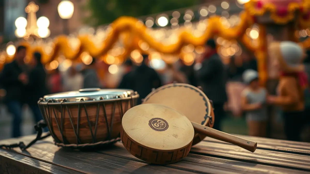 Image of traditional Valencian instruments, tabal and dolçaina, with Fallas decorations in the background.