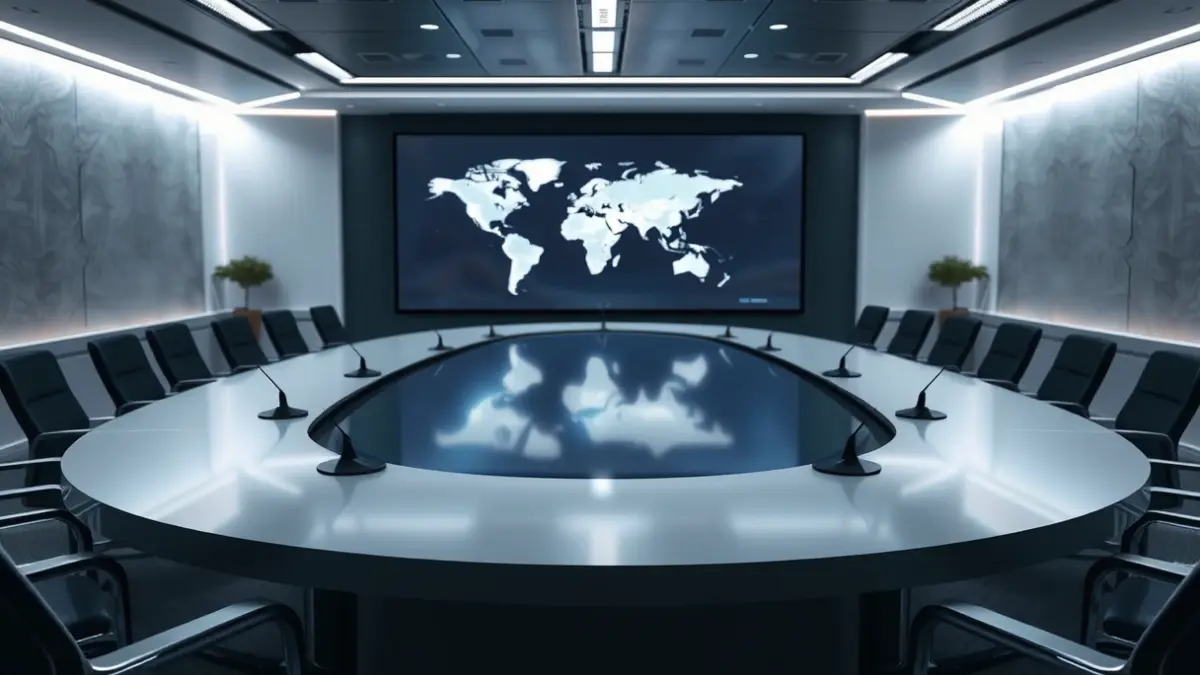 Generic image of a conference room with microphones and a blurred world map on a screen, symbolizing global AI governance.