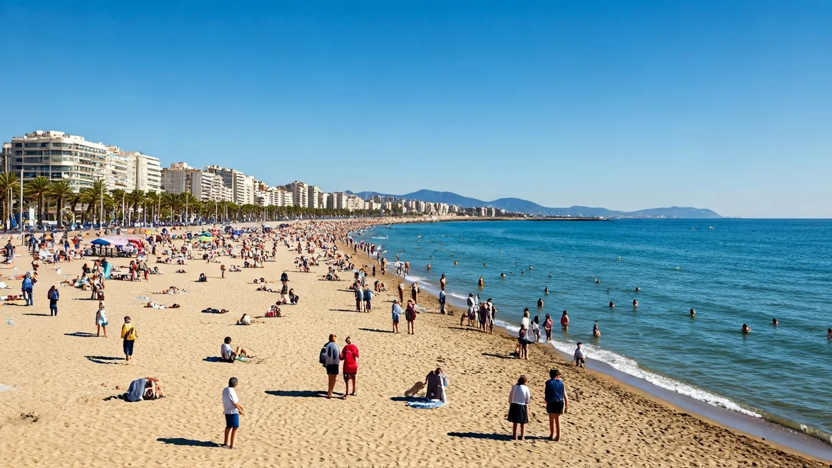 Generic image of a Mediterranean beach crowded with people enjoying the sun and sea.