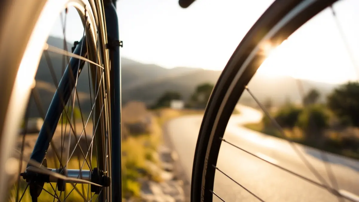Generic image of a bicycle wheel on a road with a Mediterranean landscape in the background.