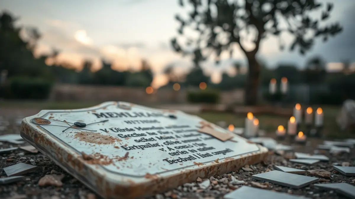 Image of a vandalized monolith in a park, with the plaque torn off and scattered remains of candles and stones.