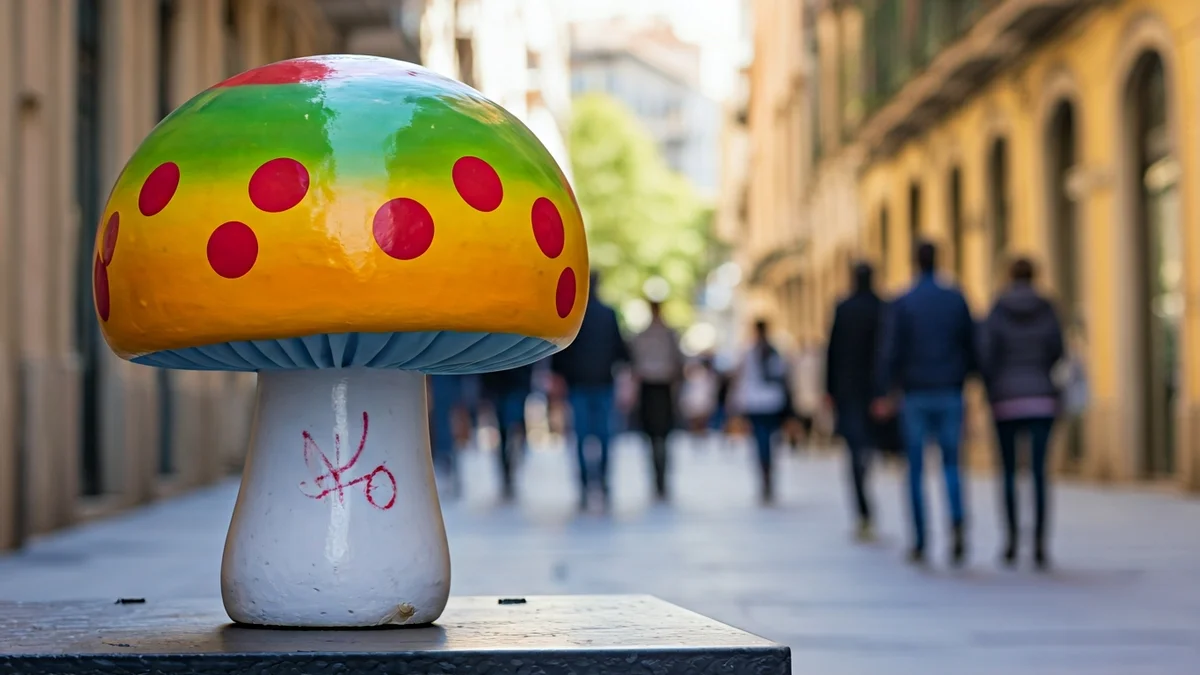Image of one of the mushroom sculptures on Alicante's Mushroom Street with graffiti.