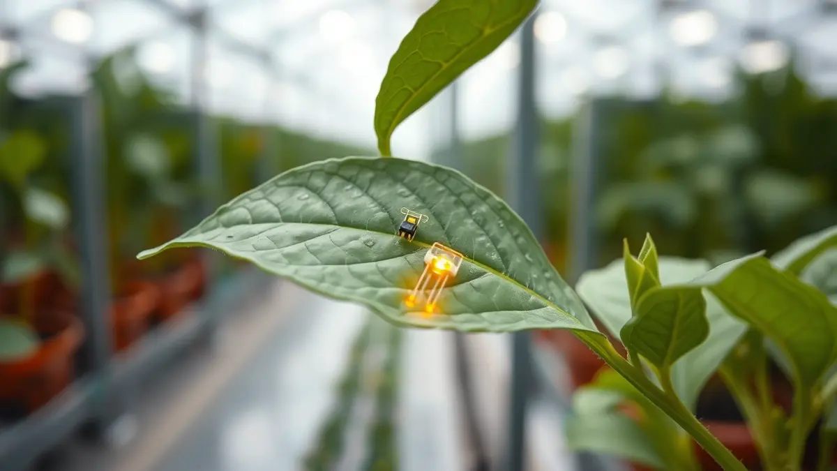 Imagen genérica de una hoja de planta con biosensores, representando la biotecnología agrícola.