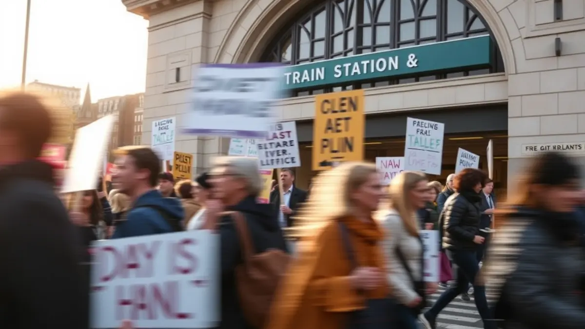 Imatge d'una manifestació de veïns davant una estació de tren, amb pancartes i moviment.