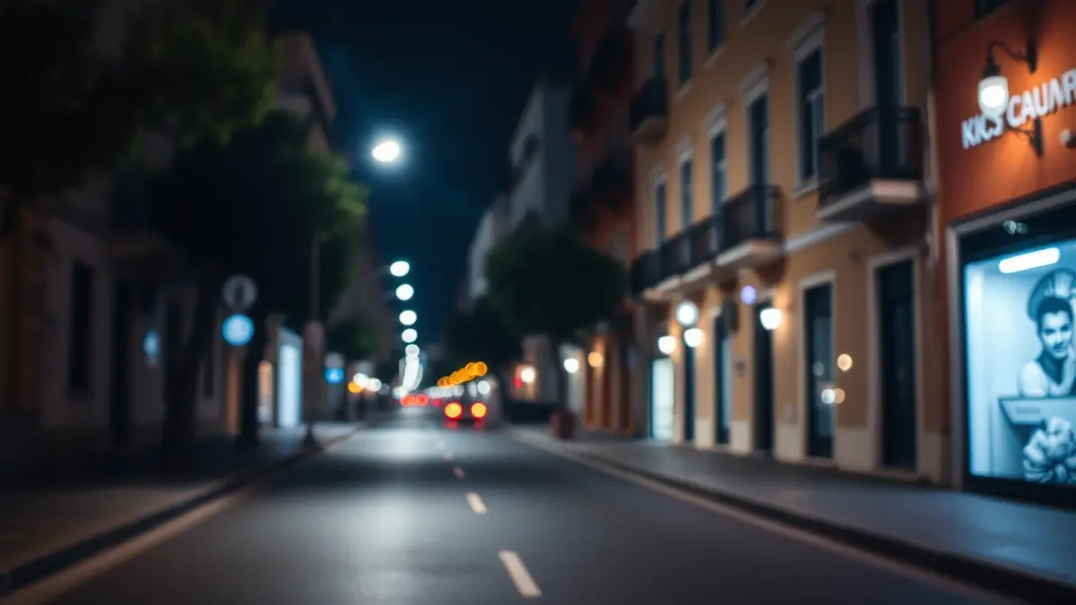 Imatge genèrica d'un carrer buit de nit en una ciutat mediterrània, amb llums borroses i façanes d'edificis.