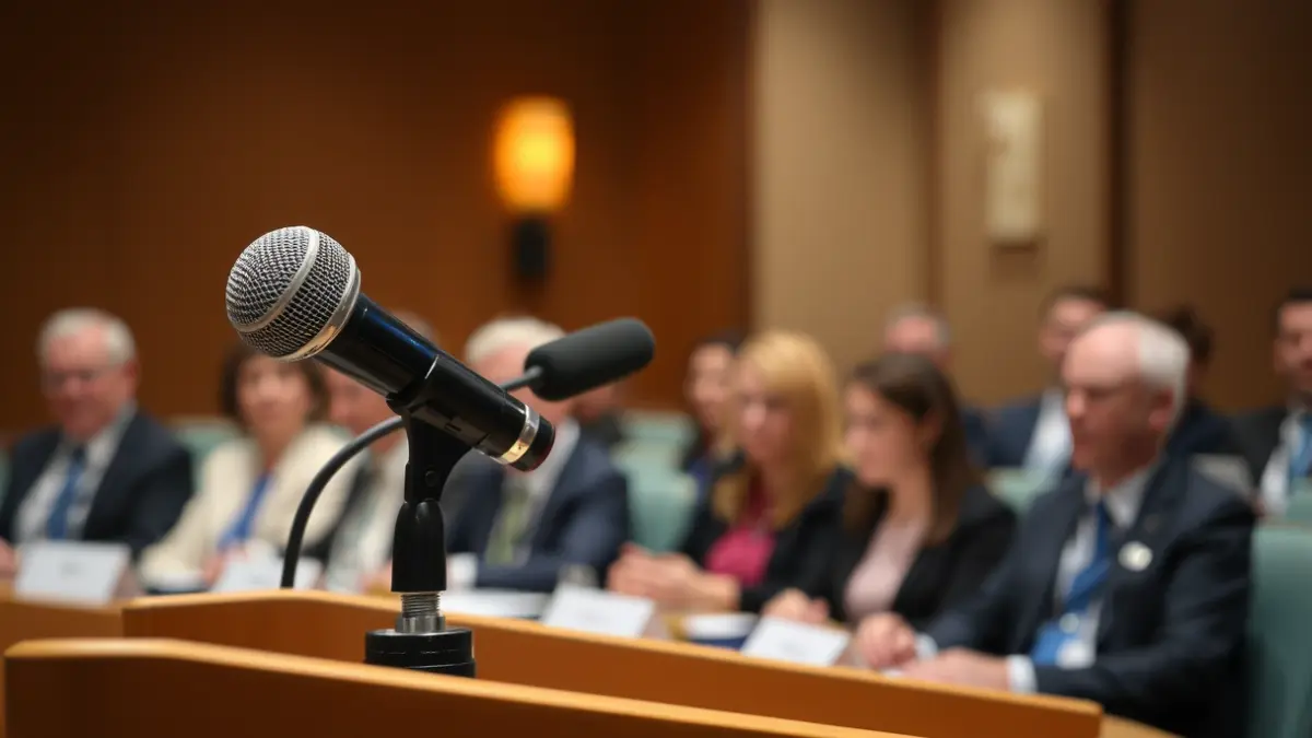 Generic image of a microphone on a podium, symbolizing public dialogue and debate.
