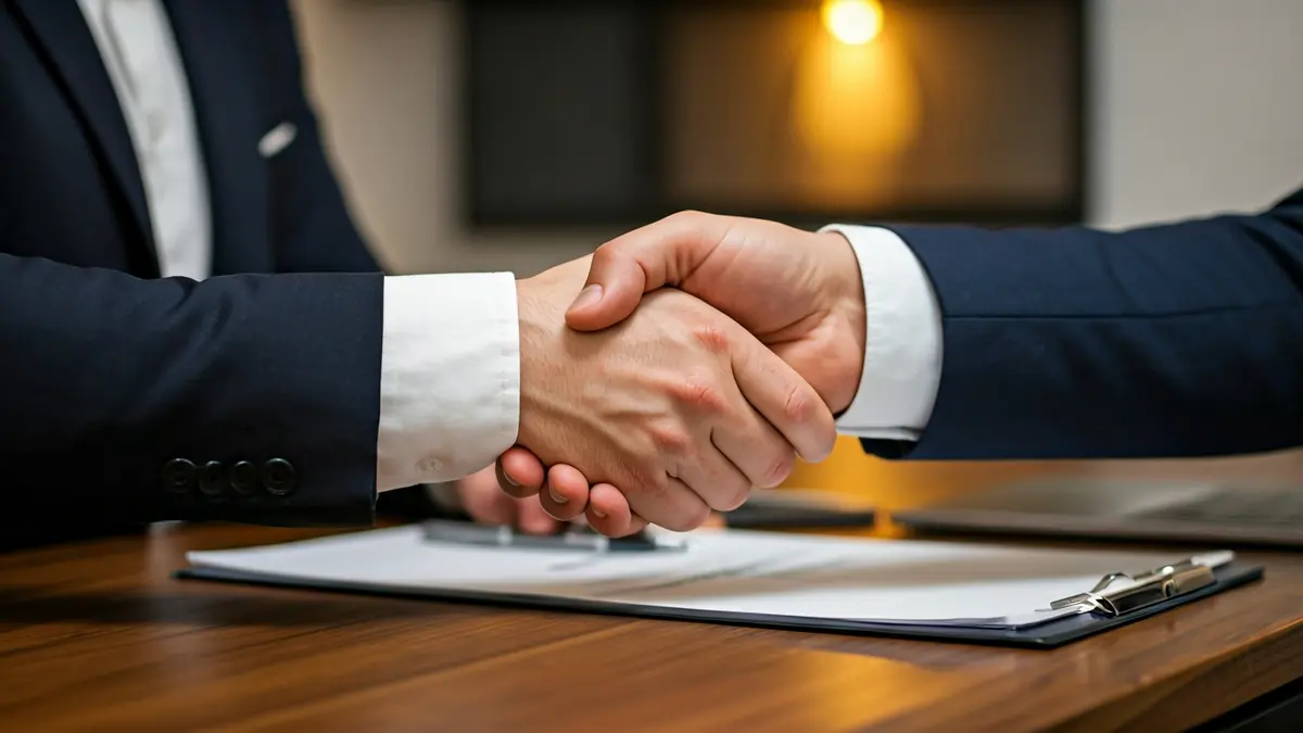 Generic image of two hands shaking over paperwork, symbolizing collaboration.