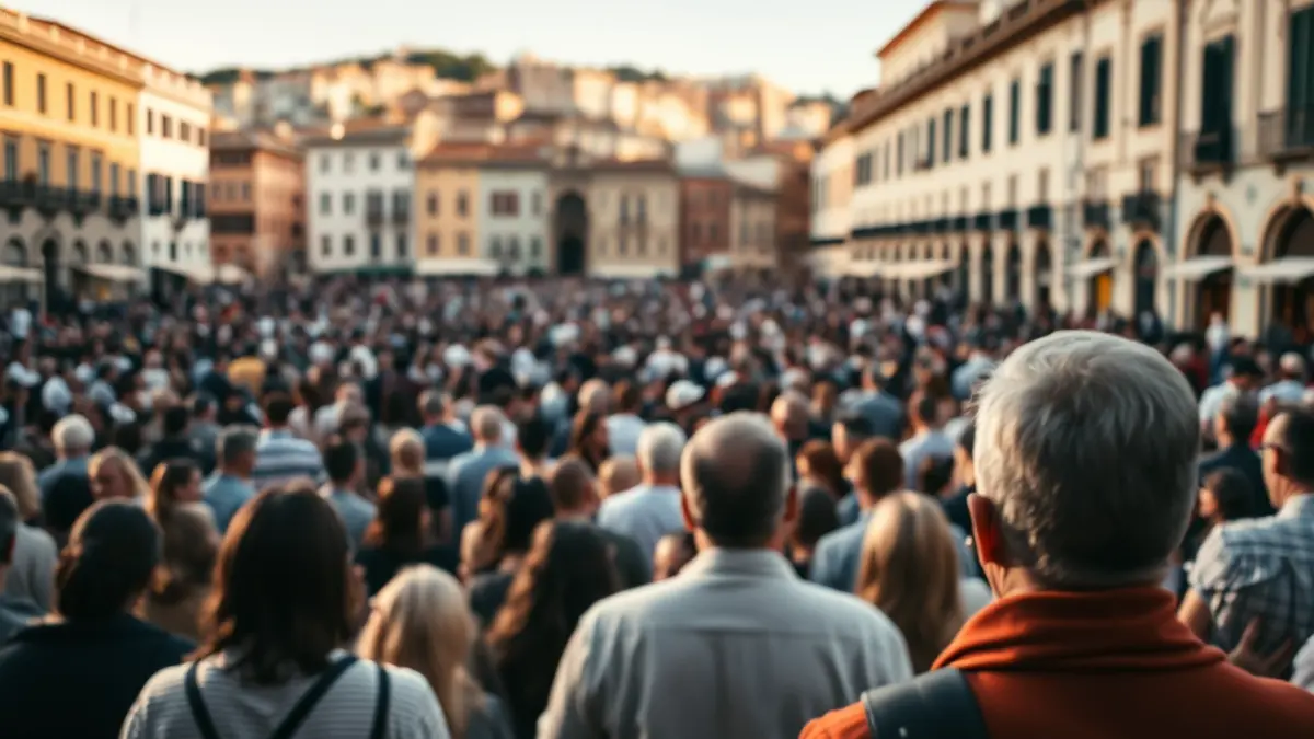 Imatge genèrica d'una concentració de persones en una plaça històrica de València.