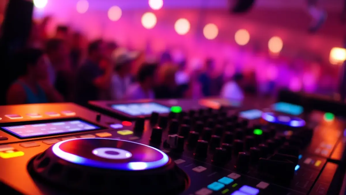 Generic image of a DJ mixing console with blurred lights and a crowd in the background.