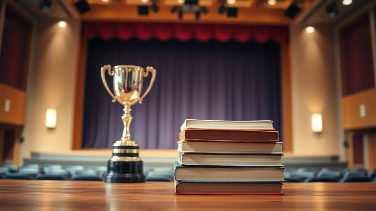 Image of a stack of books and a trophy in an auditorium, symbolizing the Sambori Awards.