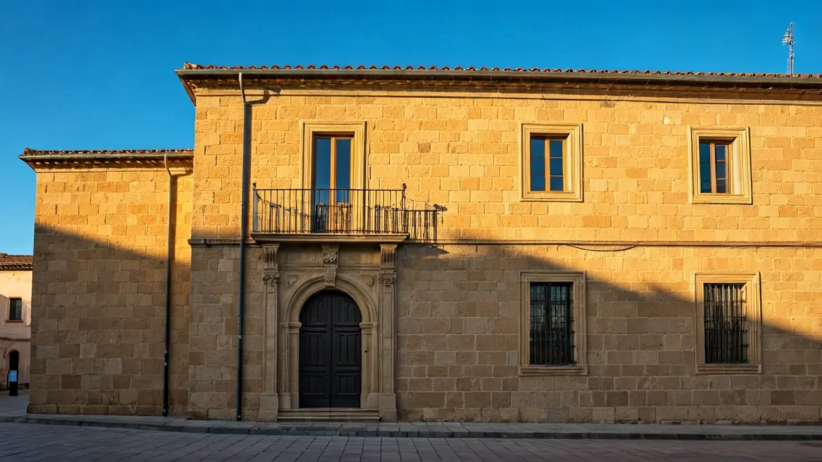 Façana de l'ajuntament de Vila-real amb balcons i baranes de ferro, banyada per la llum del sol de la vesprada.