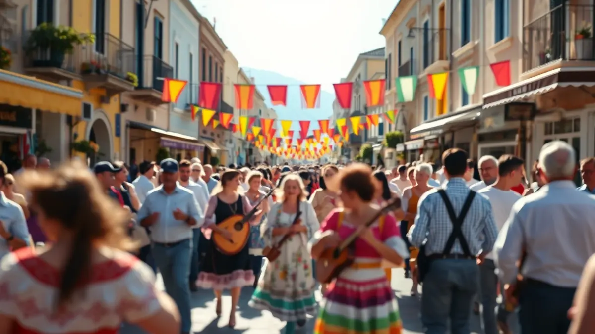 Imatge genèrica d'una festa popular en un carrer mediterrani, amb gent ballant i instruments tradicionals.