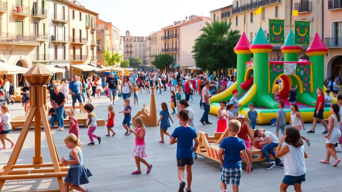 Image of a square full of children playing on wooden games and inflatable castles.