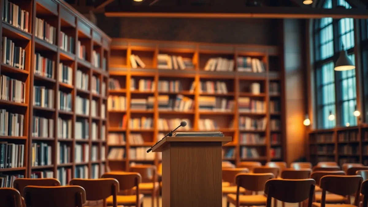 Generic image of a library with wooden bookshelves and a podium with a microphone, with warm lighting.