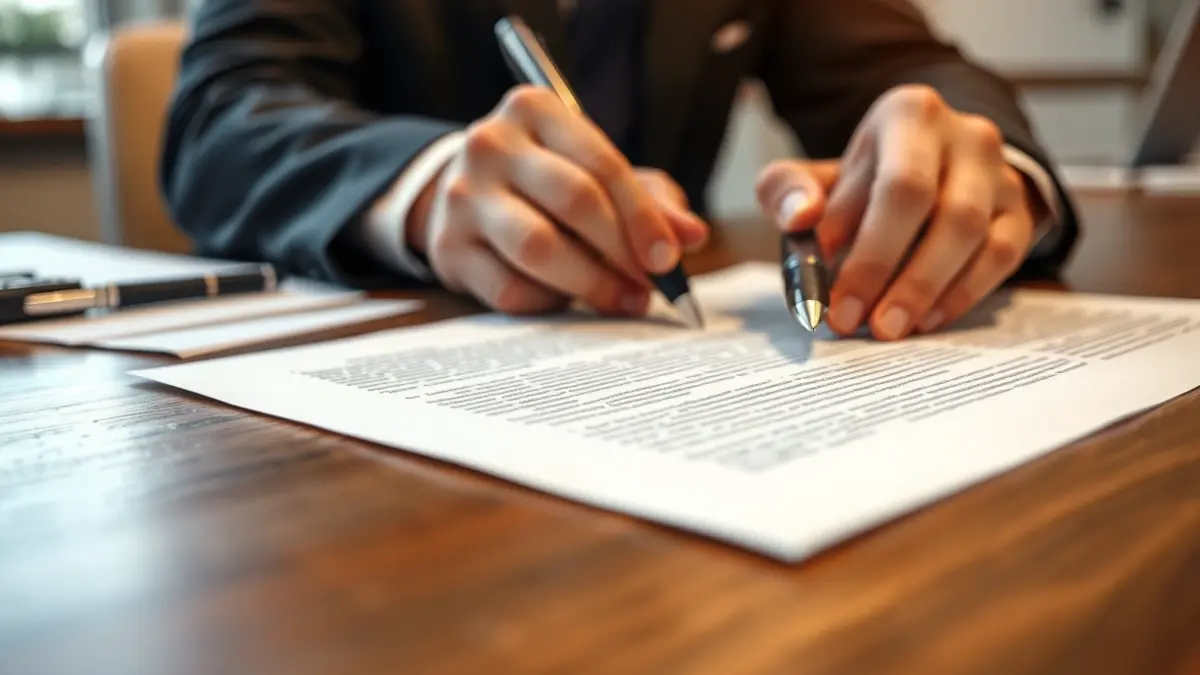 Generic image of hands signing a document in an office setting.