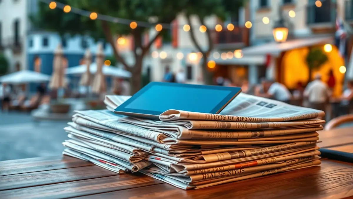 Image of a stack of newspapers and digital tablets on a wooden desk, with a blurred background of a Mediterranean town square, symbolizing a decade of local news.