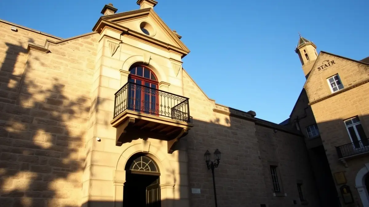 Fachada del ayuntamiento de Vila-real con balcón y barandillas de hierro, iluminada por el sol de la tarde.