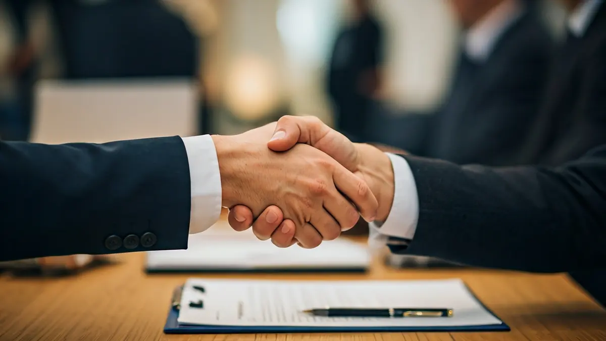 Generic image of hands shaking over paperwork, symbolizing agreement or financial planning.