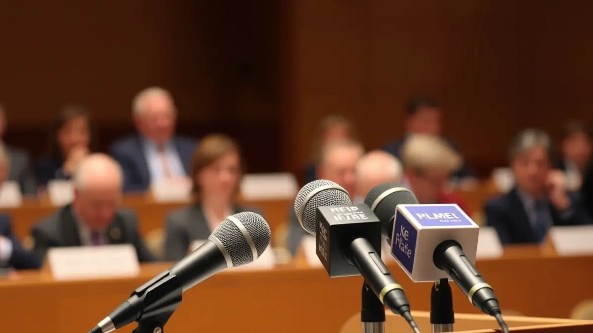 Imatge genèrica d'un faristol amb micròfons en una conferència.