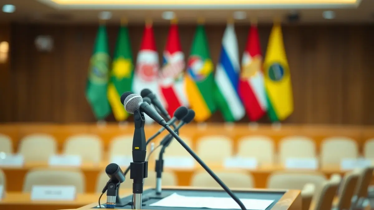 Imatge genèrica d'un faristol amb micròfons en una sala de conferències.