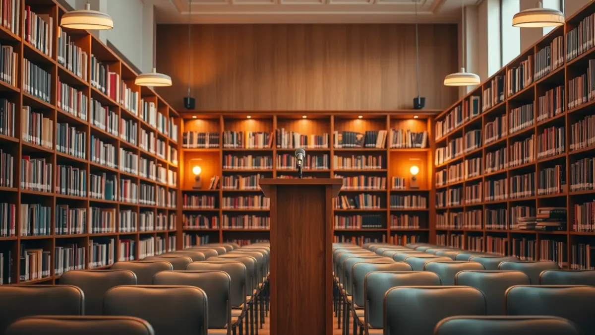 Imagen genérica de una sala de presentaciones de libros con estanterías de madera y un micrófono.