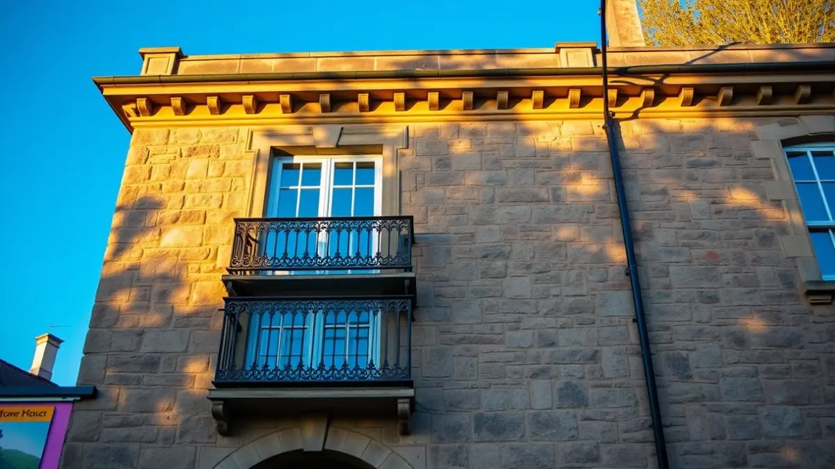 Stone town hall facade with ornate balcony, illuminated by afternoon sun.