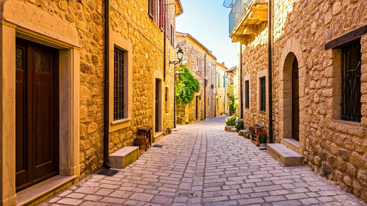 Imatge d'una recreació històrica d'un carrer de poble mediterrani a principis del segle XX.