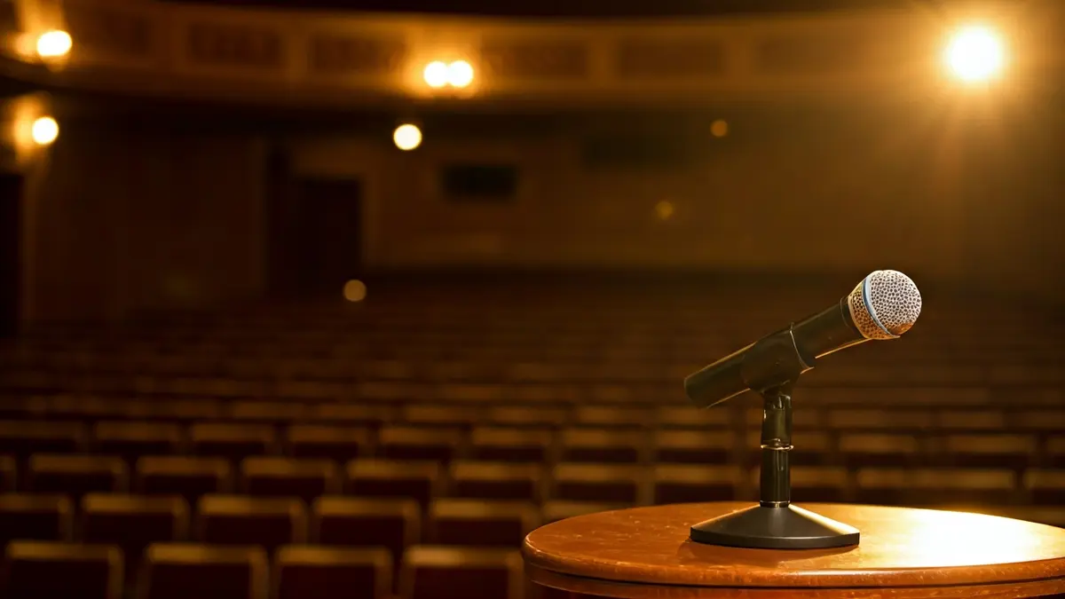 Imagen genérica de un micrófono en un podio en un teatro, con asientos vacíos al fondo.