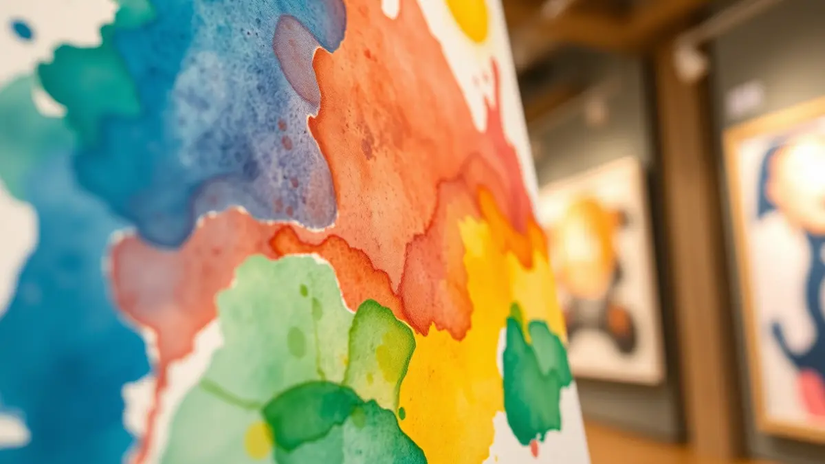 Imatge genèrica d'una aquarel·la amb colors vius i pinzellades delicades, en una sala d'exposicions.