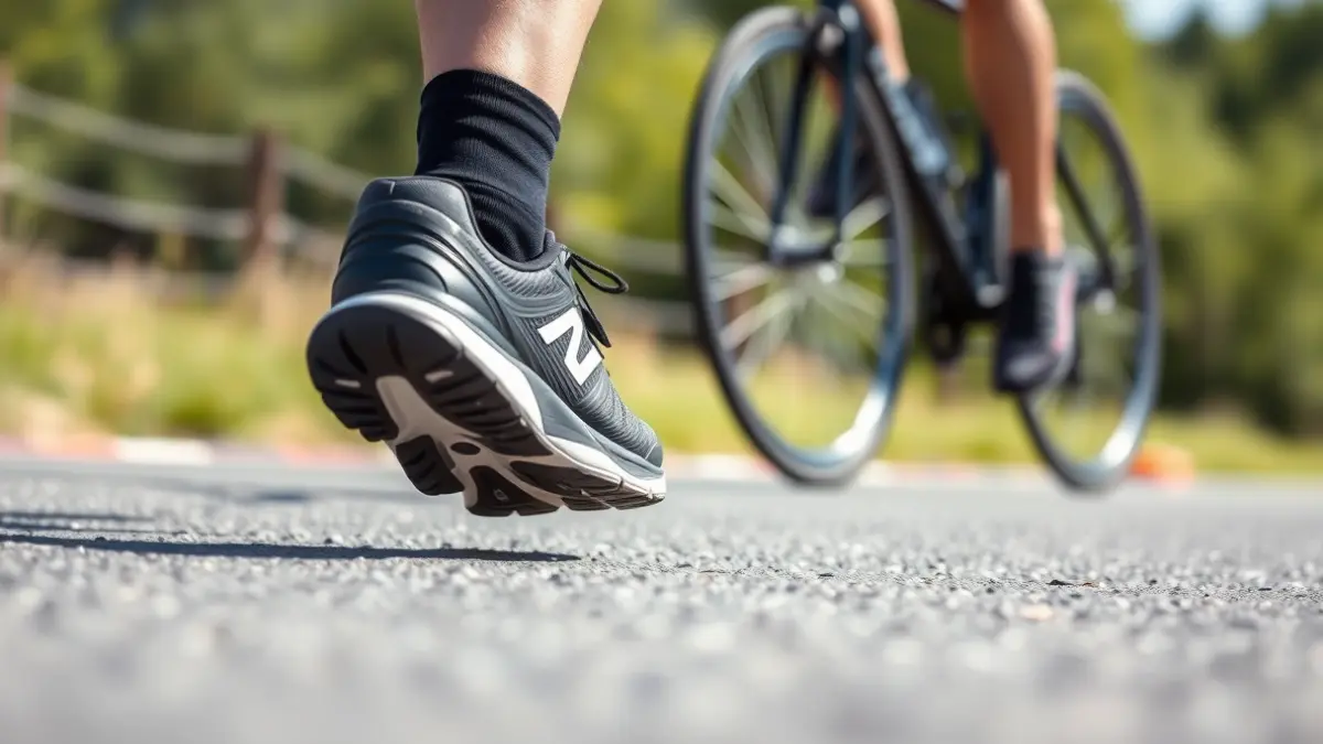 Imagen genérica de una zapatilla de correr en una pista de asfalto con una rueda de bicicleta desenfocada al fondo, sugiriendo un duatlón.