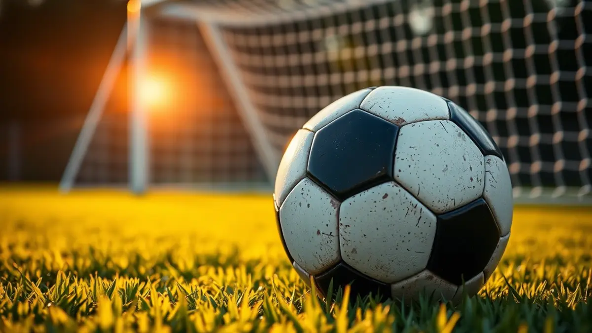Imatge genèrica d'una pilota de futbol en la gespa, amb la porteria desenfocada al fons, sota la llum del capvespre.