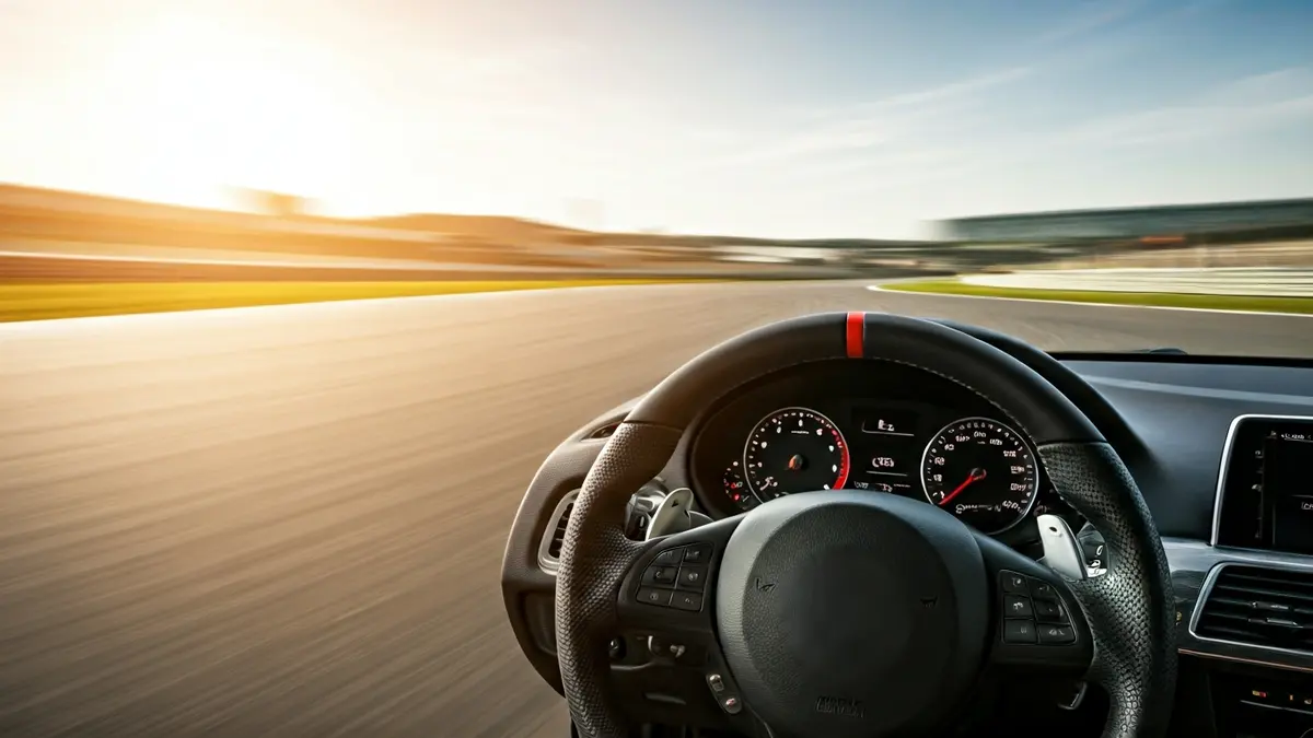 Imagen genérica de un volante de coche deportivo en una pista de carreras, con movimiento borroso.