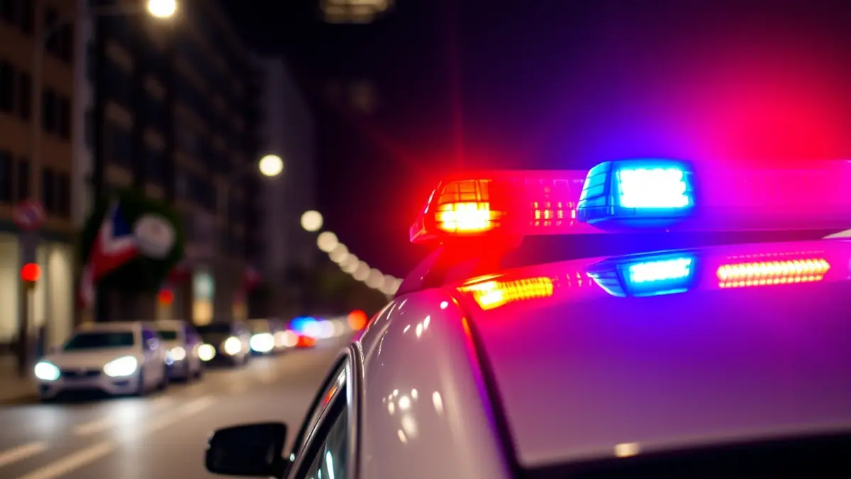 Generic image of a police car with emergency lights on in a city at night.