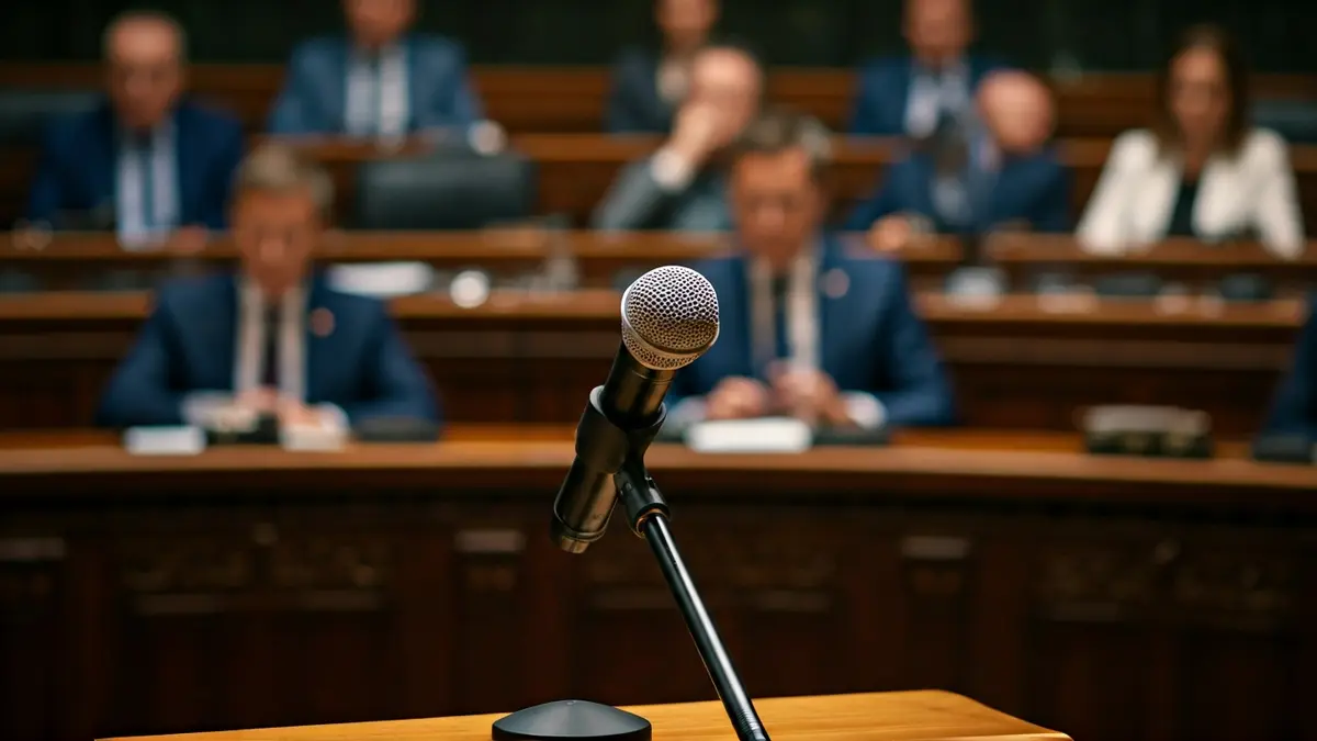 Imatge genèrica d'un micròfon en un faristol en un entorn parlamentari, representant un debat polític.