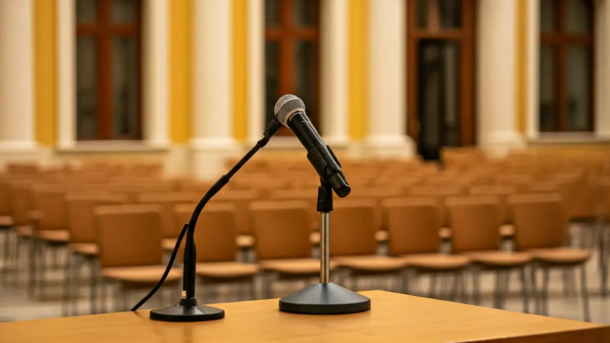 Generic image of a microphone on a podium in a conference room, symbolizing an informative talk.