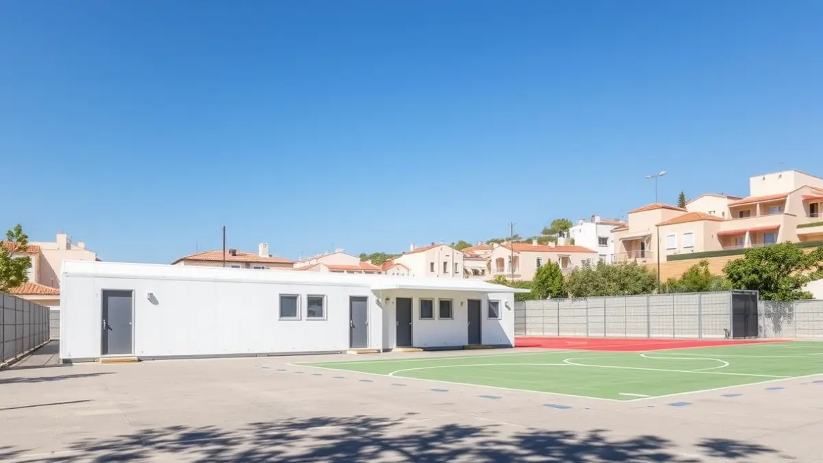 Imatge d'un centre escolar provisional amb mòduls prefabricats i una pista esportiva, en un entorn mediterrani.